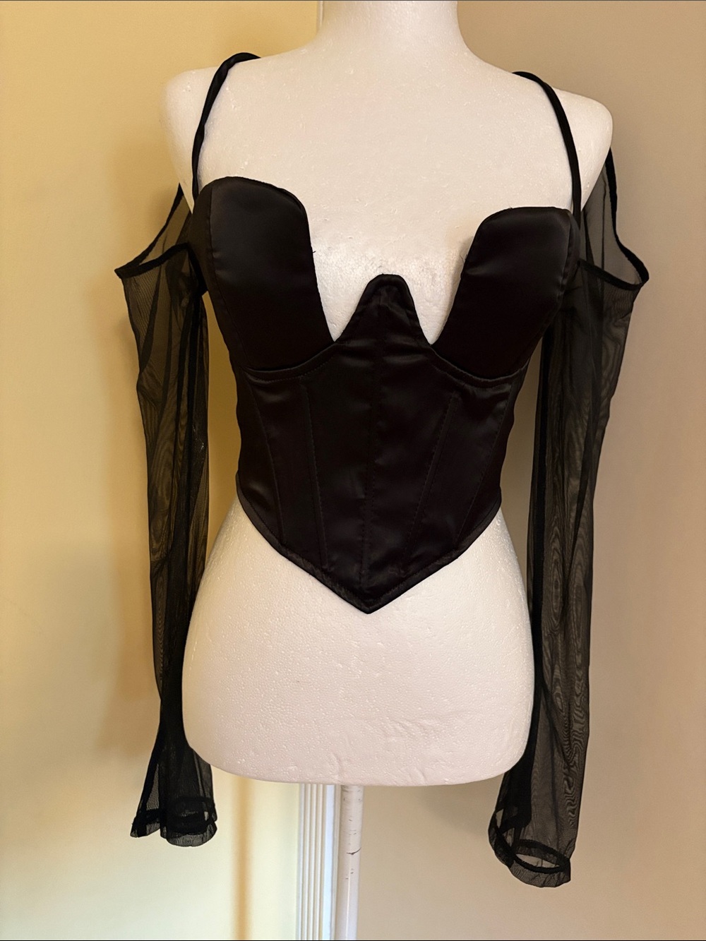 Fashion Nova Black Satin Mesh Off-Shoulder Corset Crop Top